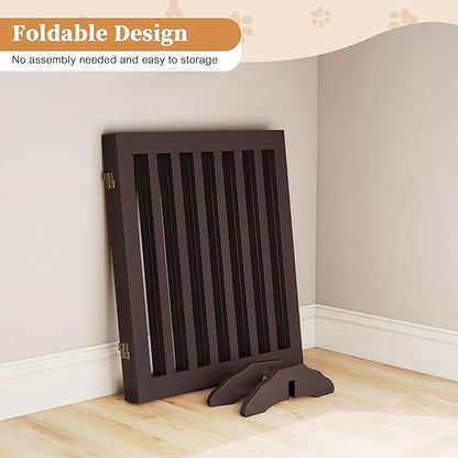 PUPETPO 24”H Freestanding Wooden Pet Gate, Dog Gate for Stairs, Doorways, and Hallways, Step Over Foldable Pet Fence for Indoor Use, Support Feet Included, 60 inch Wide 3 Panels, Espresso