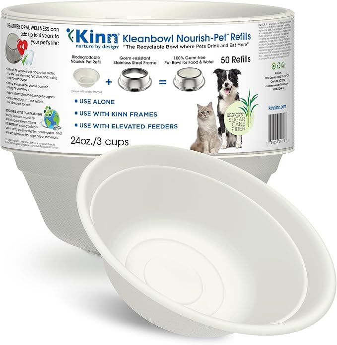 Kinn Kleanbowl Disposable Dog Food Bowls, 24 oz (Pack of 50) - Frame System Refills, Use for Travel, Boarding, or Crate, Compostable Pet Travel Bowl, No Plastic, Leakproof, Portable Dog Dish