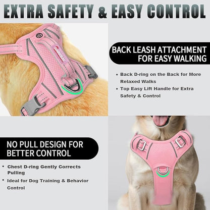 BARKBAY No Pull Dog Harness Large Reflective Dog Harness with Front Clip and Easy Control Handle for Walking Training Running with ID tag Pocket(Baby Pink,XL)