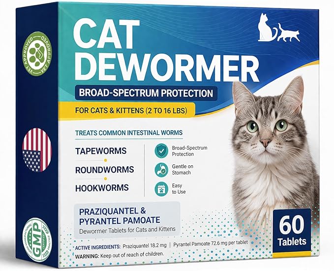 Broad Spectrum Cat Dewormer for Cats and Kittens, Praziquantel & Pyrantel Pamoate Tablet, Removal of Tapeworms, Hookworms & Roundworms & All Wormers Effective and Fast (60 Tablets)
