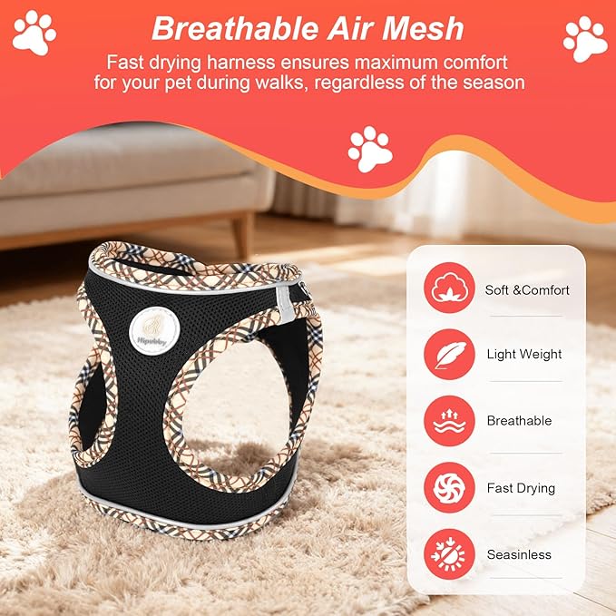 Hipubby Dog Harness Small Sized and Leash Set, No Pull Soft Mesh Puppy Vest, Reflective Breathable Lightweight Pet Harness, Harness for Small Medium Dogs and Cats - Black/Khaki Trim, L