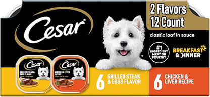 CESAR Adult Wet Dog Food Classic Loaf in Sauce Breakfast and Dinner Mealtime Variety Pack, 3.5 oz. Easy Peel Trays, Pack of 12