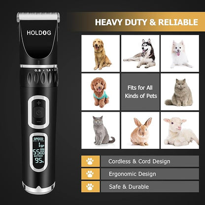 HOLDOG Dog Clippers Professional Heavy Duty Dog Grooming Clipper 3-Speed Low Noise High Power Rechargeable Cordless Pet Grooming Tools for Small & Large Dogs Cats Pets with Thick & Heavy Coats