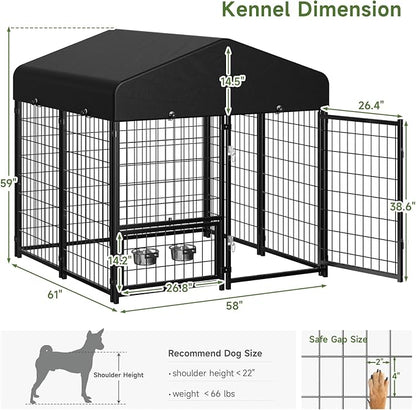 2PCS Dog Kennel Outdoor, Outside Dog Kennel with Roof & Swivel Feeders/Removable Doggy Door Allow Connecting Your Dog House, Heavy Duty Dog Run Pen Yard for Medium/Large Dogs (5'Lx5'Wx5'H)