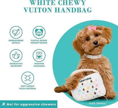 Haute Diggity Dog Chewy Vuiton Handbag Plush Squeaky Dog Toy, Soft Durable Designer-Inspired Stuffed Puppy Chew Toys for Small & Medium Dogs, Machine-Washable (White) Small