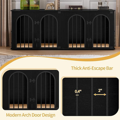 Hzuaneri 63" Dog Crate Furniture for 2 Dogs, Heavy Duty Indoor Dog Kennel TV Stand, L Wooden Dog Cage with Divider for Medium Large Dogs, End Table Dog Crate with Cushion, Black DFC80904B