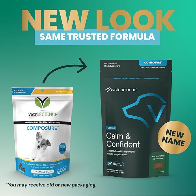 VetriScience Calm & Confident Chews, Composure Clinically Tested Calming and Anxiety Supplement for Small Dogs Under 30 lbs, Reduce Stress, Ideal for Thunderstorms and Fireworks, Chicken, 30 Count
