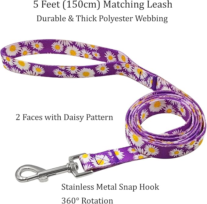 Dog Collar and Leash Set, Cute Daisy Pattern, Polyester Material, 5ft Leash, for Medium Dogs.(Medium,Purple Daisy)