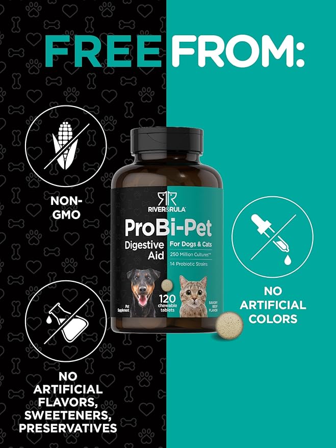 Horbaach Probiotics for Dogs and Cats | 120 Chewable Tablets | Digestive Health Supplement with 14 Strains | Savory Beef Flavor | by River & RULA