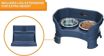 Neater Feeder Deluxe Mess-Proof Elevated Cat Bowls, 2 Height Adjustable (6” & 7.5”) No-Spill Raised Cat Bowl Stand, Whisker Friendly Stainless Steel Dishes for Indoor Cats, Made in USA, Dark Blue