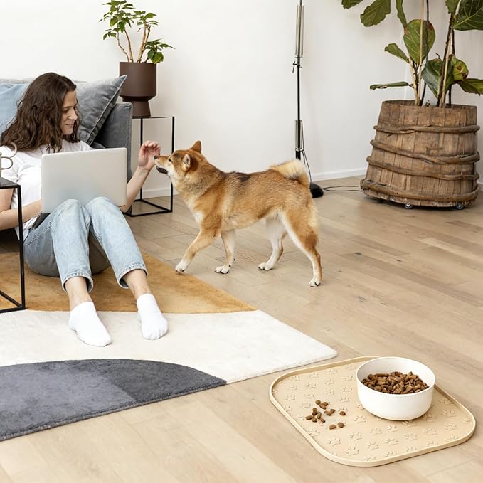 2 Pack Pet Feeding Mats, Waterproof Anti-Slip Placemats for Dog Cat Bowl Silicone Pet Food Mat, Raised Edge Prevent Spills on Floor & Carpet, Dishwasher Safe (2 Gray, 11" x 11")