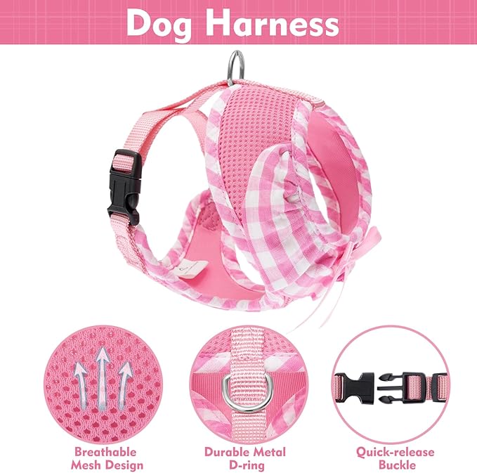 EXPAWLORER Cute Dog Harness and Leash Set - Pink Girl Dog Harness Checkered Step-in Design, Easy Adjustable No-Choke Lightweight Breathable Vest for Puppy Small Dogs Cats Outdoor Walking, X-Small