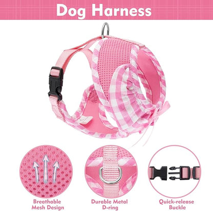EXPAWLORER Cute Dog Harness and Leash Set - Pink Girl Dog Harness Checkered Step-in Design, Easy Adjustable No-Choke Lightweight Breathable Vest for Puppy Small Dogs Cats Outdoor Walking, X-Small