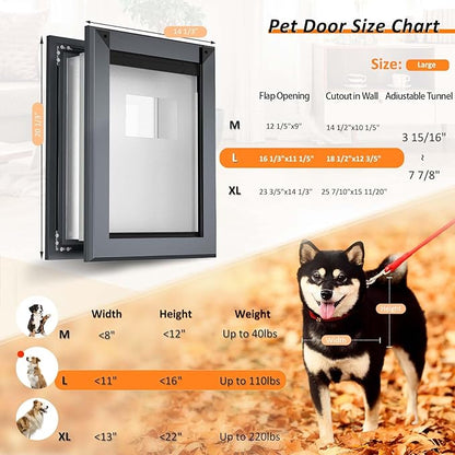 FreeStanding Dog Door for Wall, Large Dog Door with Heavy Duty Aluminum Frame, Telescoping Tunnel, Double Magnetic Flaps and Double Sliding Lock Panels, Up to 110lbs, Smoky Gray