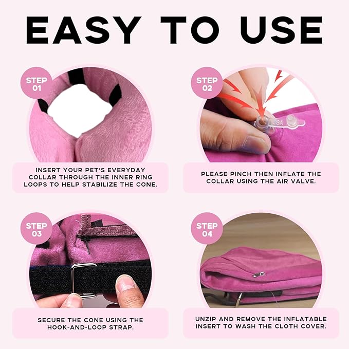 Inflatable Dog Cone Collar-Enhanced Anti-Licking Protective Cone with Adjustable Strap-Soft Dog Donut Collar Recovery Cone for Pets After Surgery(Pink, L)