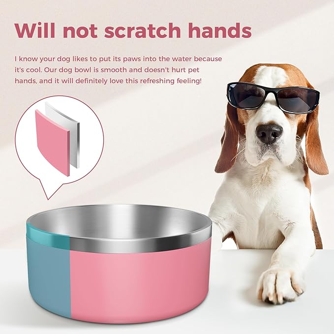 WENBOKMIN Dog Bowl, Stainless Steel Dog Food and Water Bowl with Non Slip Quiet Bottom, Easy to Clean, Dishwasher Safe, 64oz, Pink