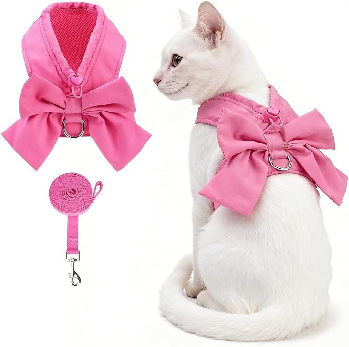 KOOLTAIL Cute Cat Harness and Leash Set with Bowtie, Small Dog Vest Harnesses for Girl Outfit, Step in No Pull Soft Mesh Padded Adjustable Pet Harness for Extra-Samll Medium Puppy Kitten, Pink XS