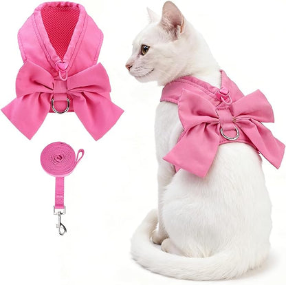 KOOLTAIL Cute Cat Harness and Leash Set with Bowtie, Small Dog Vest Harnesses for Girl Outfit, Step in No Pull Soft Mesh Padded Adjustable Pet Harness for Extra-Samll Medium Puppy Kitten, Pink XS