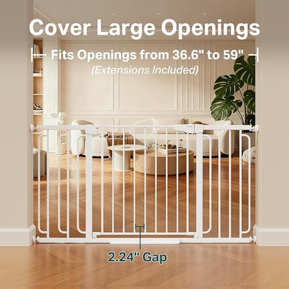 Cumbor 36.6-59" Extra Wide Baby Gate for Stairs, Pressure Mounted Dog Gate for Doorways, Auto-Close Easy Walk Through Safety Child Gate for Kids Toddler, Tall Pet Gates Indoor, White