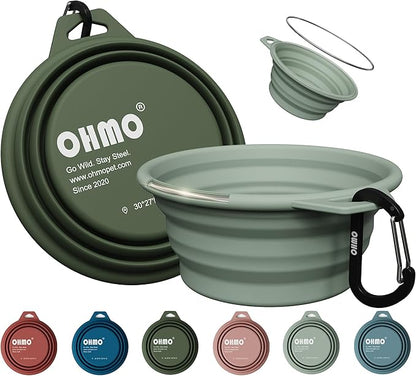 OHMO Collapsible Dog Water Bowls w/Built-in Stainless Steel Ring – 2pcs Small 12oz/400ml Portable Silicone Pet Feeding Bowl for Hiking, Camping, Travel
