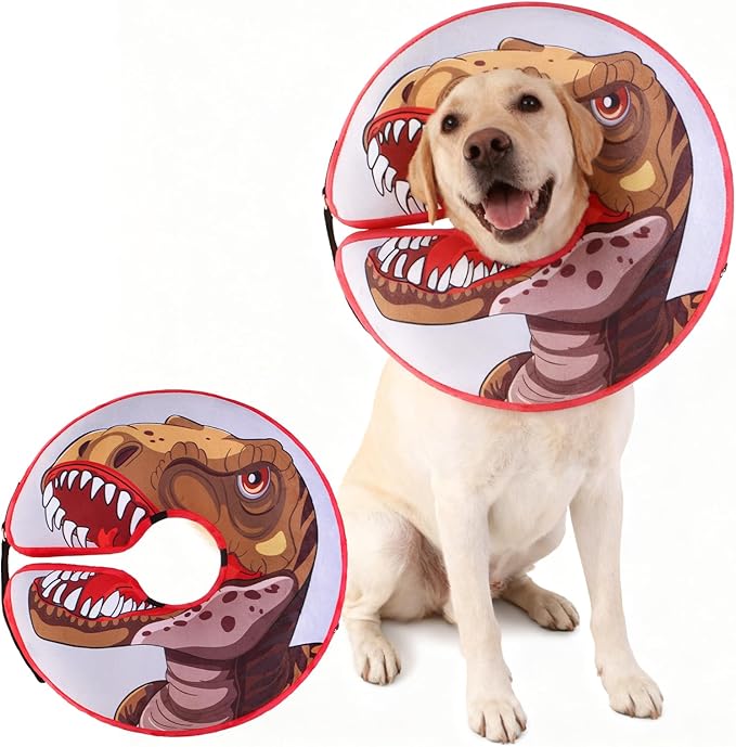 EXPAWLORER X-Large Widen Soft Dog Cone Collar - Inflatable Dog Neck Donut Collar Alternative After Surgery to Stop Licking,Adjustable Protective Recovery E Collar(Dinosaur)