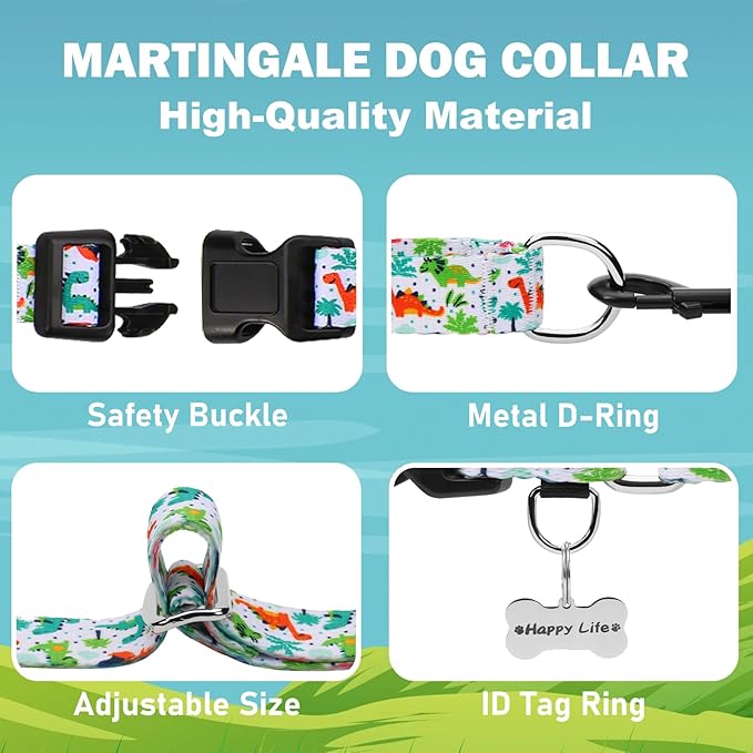 Martingale Dog Collars with Buckle No Pull Training Dog Collar for Large Dogs (Green Dinosaur, Large)