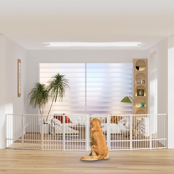 SNUOWU Full Metal Freestanding Dog Gate with Door, 32''Height Foldable Pet Dog Fence for Indoor & Outdoor, 8 Panels Extra Wide Free Standing TallDog Gates for Doorways,House,Stairs,Porch,Deck,Yard