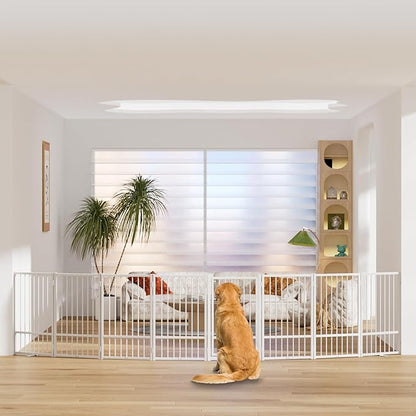 SNUOWU Full Metal Freestanding Dog Gate with Door, 32''Height Foldable Pet Dog Fence for Indoor & Outdoor, 8 Panels Extra Wide Free Standing TallDog Gates for Doorways,House,Stairs,Porch,Deck,Yard