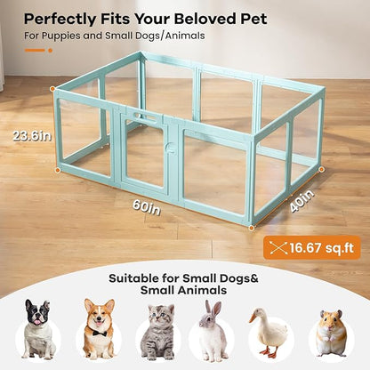 Clear Acrylic Dog Playpen Indoor, Puppy Cat Small Pet Play Pen, Pet Cat Playpen for Rabbits, Dog Fence Crate Kennel Whelping Cage (Green, 10 Panel)