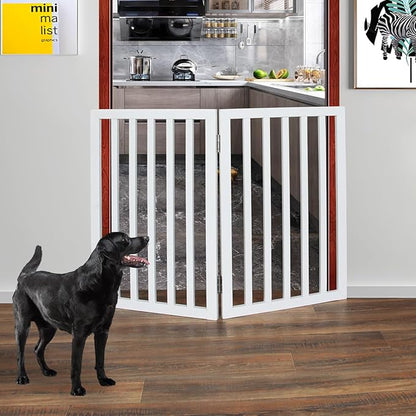 ZJSF Freestanding Indoor Dog Gate for House Foldable Wood White Puppy Gate for Doorways Pet Gate for Stairs Extra Wide Pet Fence 32" Height 2 Panels
