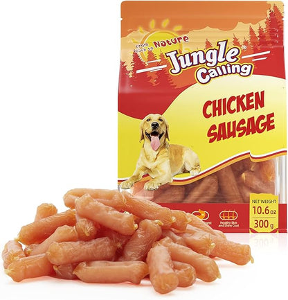 Jungle Calling Soft Chicken Sausage Dog Treats, Slow Roasted Tender Chicken Jerky for Small & Medium Dogs, Grain-Free High Protein Dog Training Treats, Easy to Chew, 10.6 oz