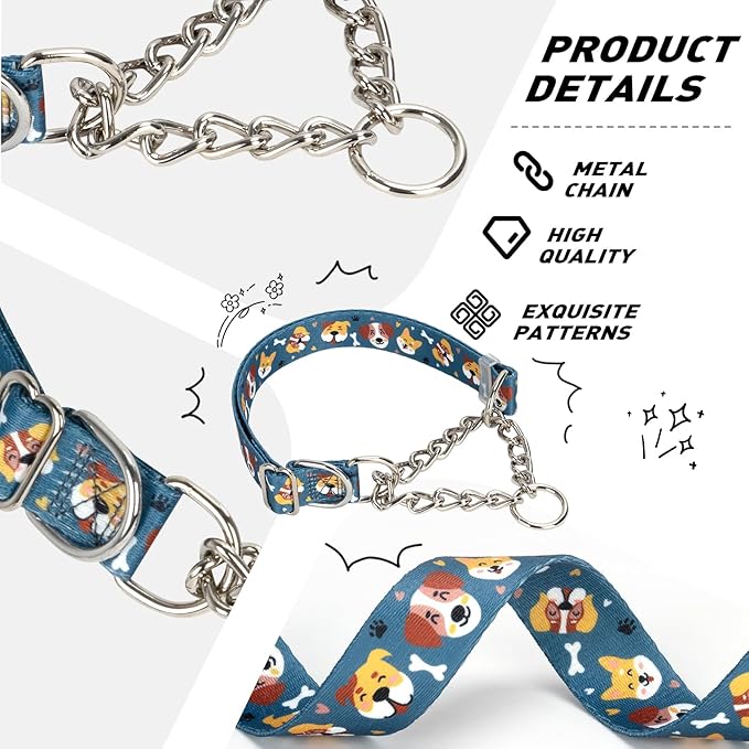 Martingale Collar with Chain, Cute Dog Design Pattern Choke Collar for Medium & Large Dogs (XL)