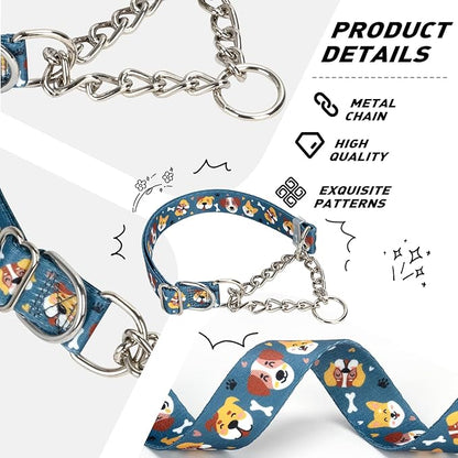 Martingale Collar with Chain, Cute Dog Design Pattern Choke Collar for Medium & Large Dogs (XL)