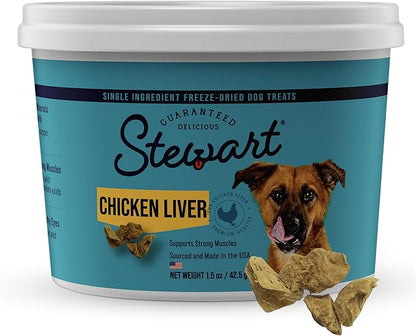Stewart 100% Chicken Liver Dog Treats, 1.5 oz Tub, ~25 Pieces, Freeze Dried Raw, Single Ingredient, 60% Protein Training Treats or Meal Topper, Grain Free, Gluten Free