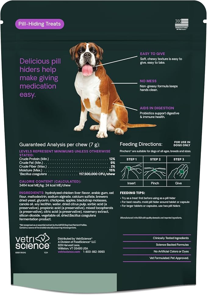 VetriScience Extra Large Pinchers Pill Hiders Chews, Non-Greasy with Probiotics for Dogs, Disguise Capsules and Tablets, Soft and Chewy, Gut and Immune Health, Chicken, 45 Count