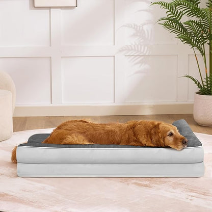 Dog Bed Large Sized Dogs, XL Orthopedic Dog Bed for Large Dogs 42"x30"x7.5", Waterproof Pet Bed with Washable Removable Cover, L-Shaped Pet Couch with Portable Handle, Grey Flannel
