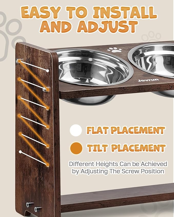 Jovrun Elevated Dog Bowls, Adjustable Raised Dog Bowl Stand for Medium Size Dogs and Cats, Durable Bamboo Dogs Feeder with 2 Stainless Steel Bowls and Non-Slip Feet, Pet Food Bowl for Medium Sizes