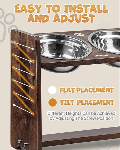 Jovrun Elevated Dog Bowls, Adjustable Raised Dog Bowl Stand for Medium Size Dogs and Cats, Durable Bamboo Dogs Feeder with 2 Stainless Steel Bowls and Non-Slip Feet, Pet Food Bowl for Medium Sizes