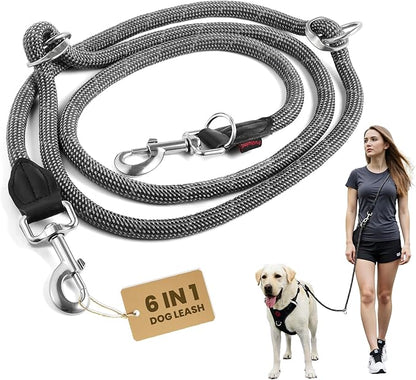 Hands-Free Dog Leash, 6.5ft Heavy Duty Reflective Nylon Leash with Dual Metal Hooks, Adjustable Crossbody & Waist Use for Walking, Jogging and Heel Training (Grey)