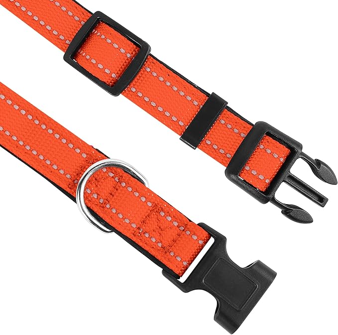 Reflective Dog Collar, Adjustable Soft Neoprene Padded Nylon Pet Collars with Buckle for Medium Dogs, Orange,M