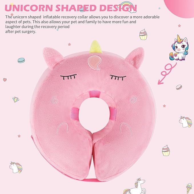 IEUUMLER Inflatable Recovery Dog Collar, Protective Donut Cone, Adjustable Soft Collar for Dog and Cat After Surgery Prevent from Biting & Scratching EU002 - Unicorn M+