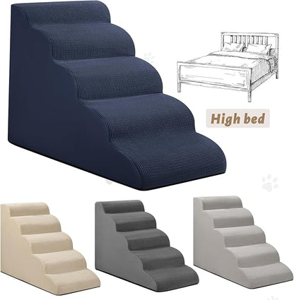 Aodisman 5-Step Dog Stairs and Ramp for High Bed, Non-Slip Sturdy Pet Steps for Small Dogs and Cats,22.2" H,Blue