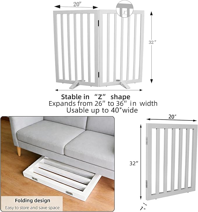ZJSF Freestanding Indoor Dog Gate for House Foldable Wood White Puppy Gate for Doorways Pet Gate for Stairs Extra Wide Pet Fence 32" Height 2 Panels
