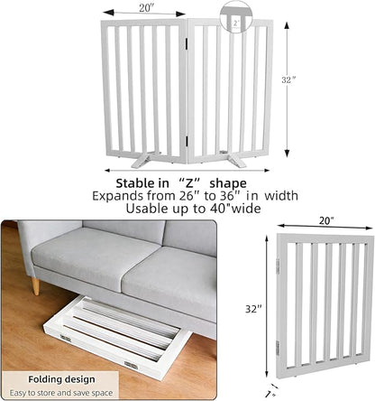 ZJSF Freestanding Indoor Dog Gate for House Foldable Wood White Puppy Gate for Doorways Pet Gate for Stairs Extra Wide Pet Fence 32" Height 2 Panels