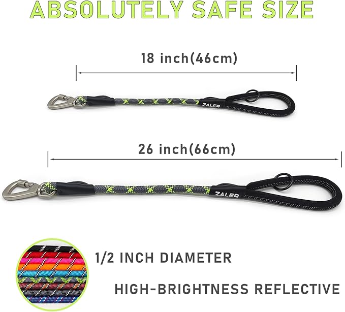 ZALER Short Dog Leash, 18 Inches Rope Traffic Leashes for Dogs, Reflective Dog Lead with O-Ring, Heavy Duty Pet Leash for Large and Medium Dogs (18" Green Gray)