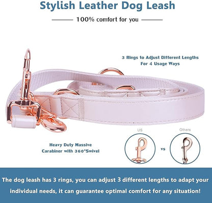 Soft Leather Dog Collar and Leash (6.6') Set - Stylish Rose Gold Heavy Duty Metal Buckle, 4 Adjustable Lengths Leash for Small Medium Large Dogs - Comfortable & Easy to Clean M(13.8"-19.7"), Gold Pink
