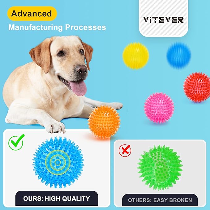 VITEVER 3.5” Squeaky Dog Toy Balls (6 Colors) Puppy Chew Toys for Teething, BPA Free Non-Toxic, Spikey Dog Balls for Medium, Large & Small Dogs, Durable Toys for Aggressive Chewers (Pack of 2)