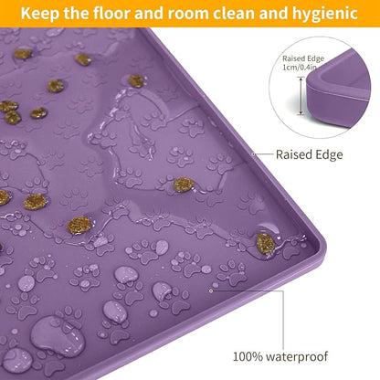 Ptlom Dog Food Mat Waterproof Pet Bowl Mats with High Lips, Non-Slip Dog Placemat Prevent Messy Spills to Floor, Silicone Puppy Feeding Tray for Small, Medium Large Dogs Cats, Purple, 31.5" 23.6"