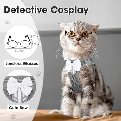 Cat Vest Harness and Leash Set for Walking Escape Proof, Adjustable Kitten Harness Breathable Mesh with Reflective Strips Harness for Kitty Puppy Bunny (Grey,S)