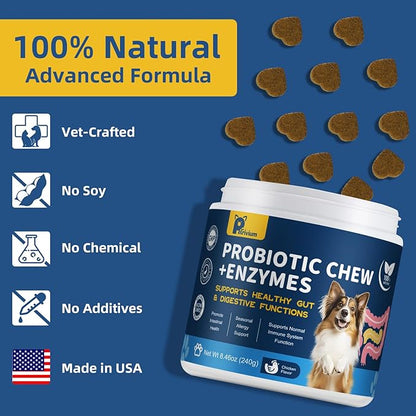 Probiotics for Dogs Supports Digestive Health, Natural Probiotic Supplement with Digestive Enzymes and Prebiotic, Probiotic Chews for Dogs Gut Health, Relieve Diarrhea, Itchy Skin, Enhance Immunity